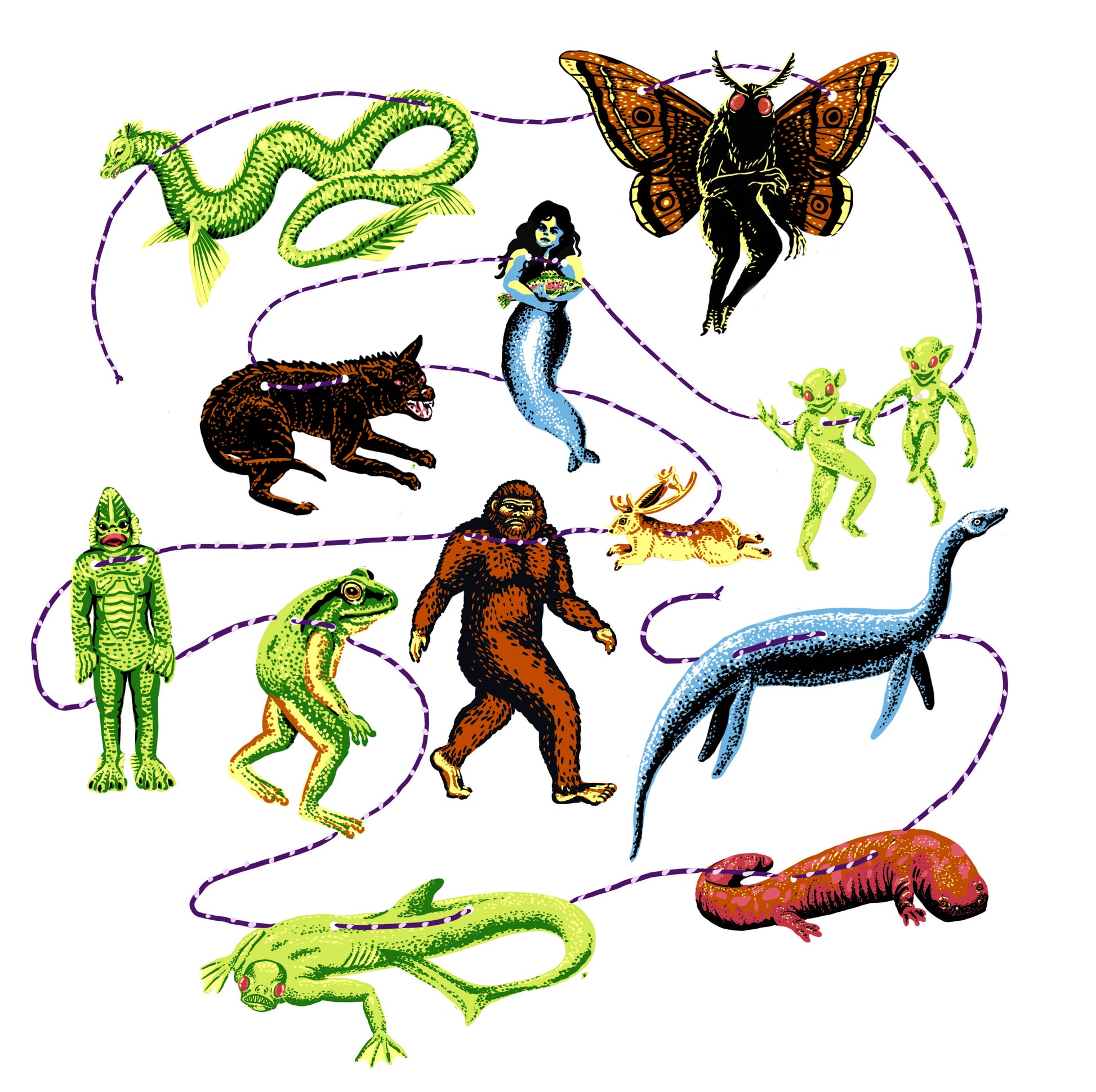 Hissing Mink Cryptids of North America paper garland featuring Sasquatch, Jackalope, Ogopogo, Champ, and other legendary folklore creatures