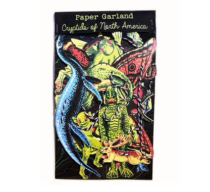 Hissing Mink Cryptids of North America paper garland featuring Sasquatch, Jackalope, Ogopogo, Champ, and other legendary folklore creatures