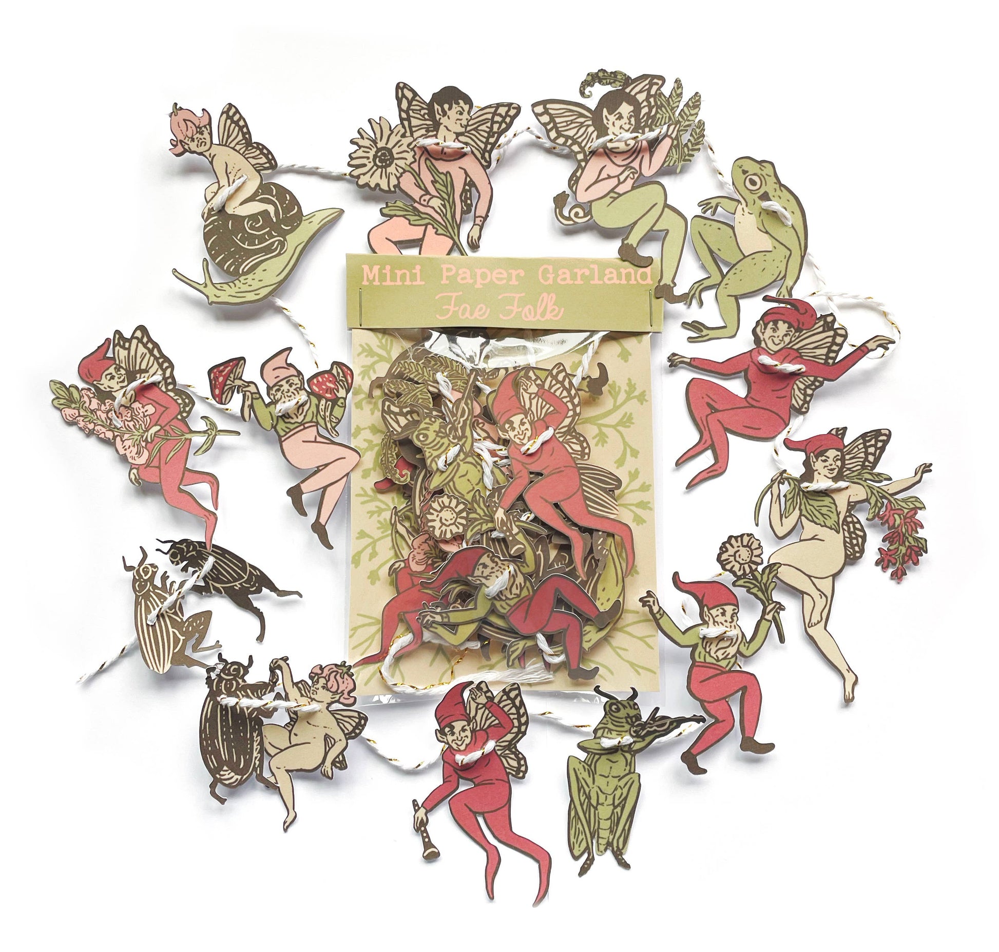 Hissing Mink Fae Folk mini paper garland featuring whimsical fantasy creatures and woodland-inspired decorative artwork