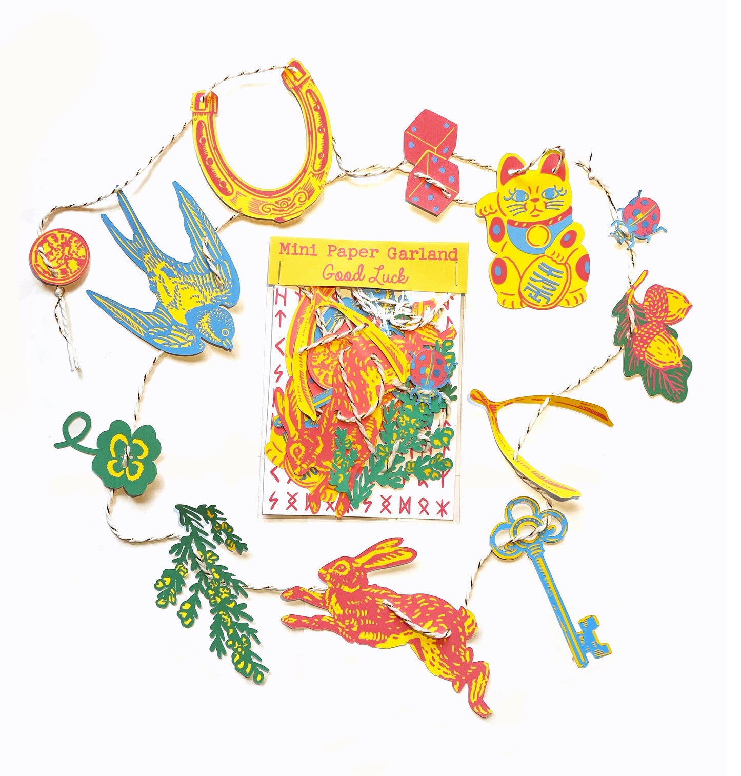 Hissing Mink Good Luck mini paper garland featuring symbols of luck from around the world in a whimsical decorative banner