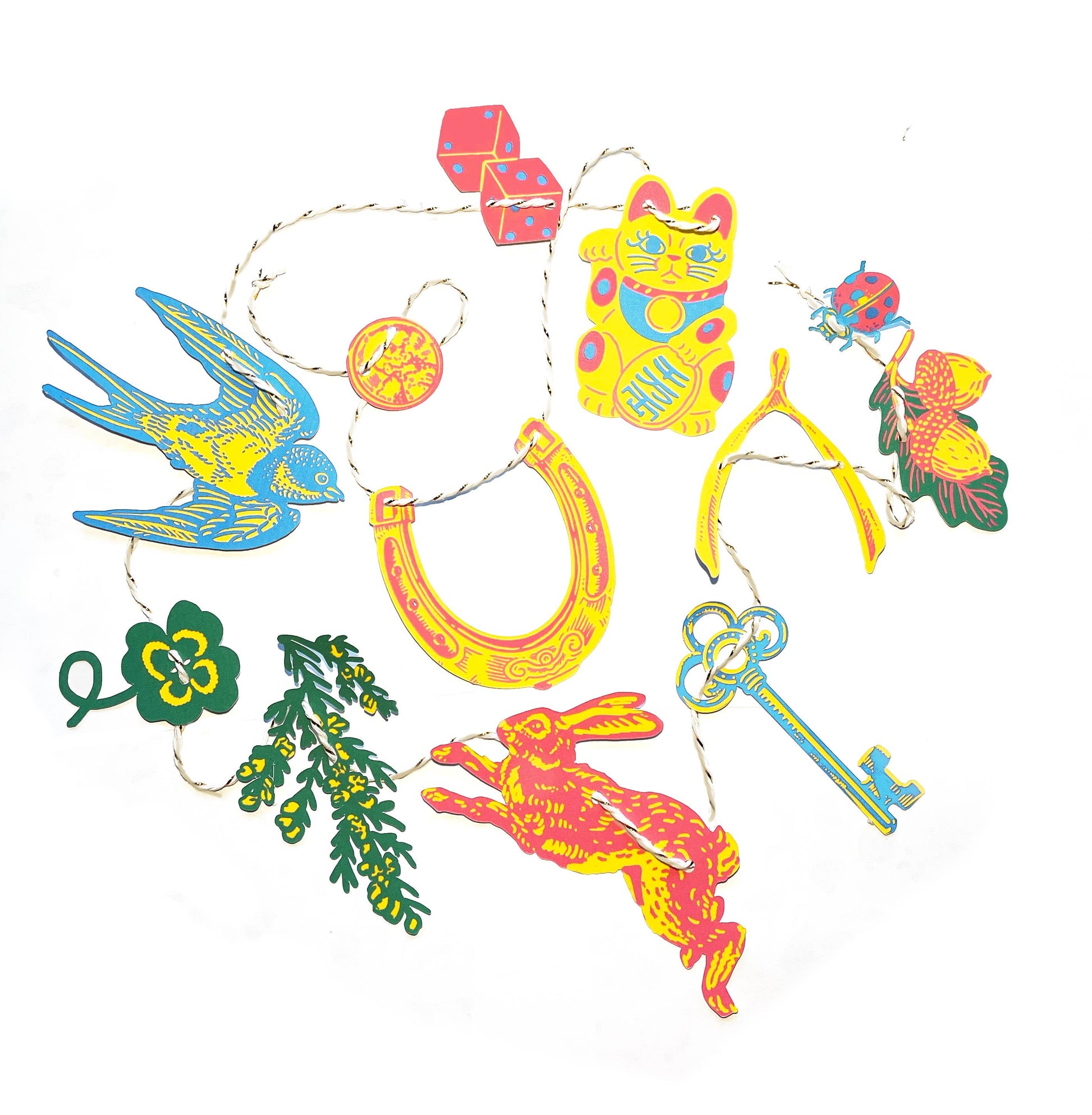 Hissing Mink Good Luck mini paper garland featuring symbols of luck from around the world in a whimsical decorative banner