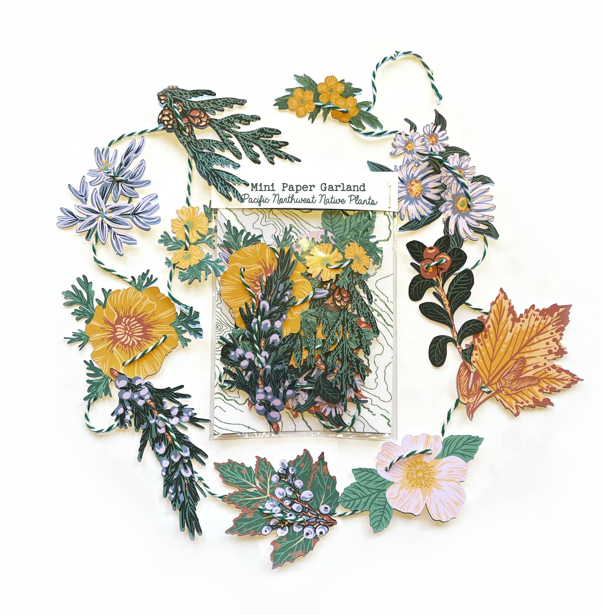 Hissing Mink Pacific Northwest native plants mini paper garland featuring botanical illustrations of regional plant species and woodland decor