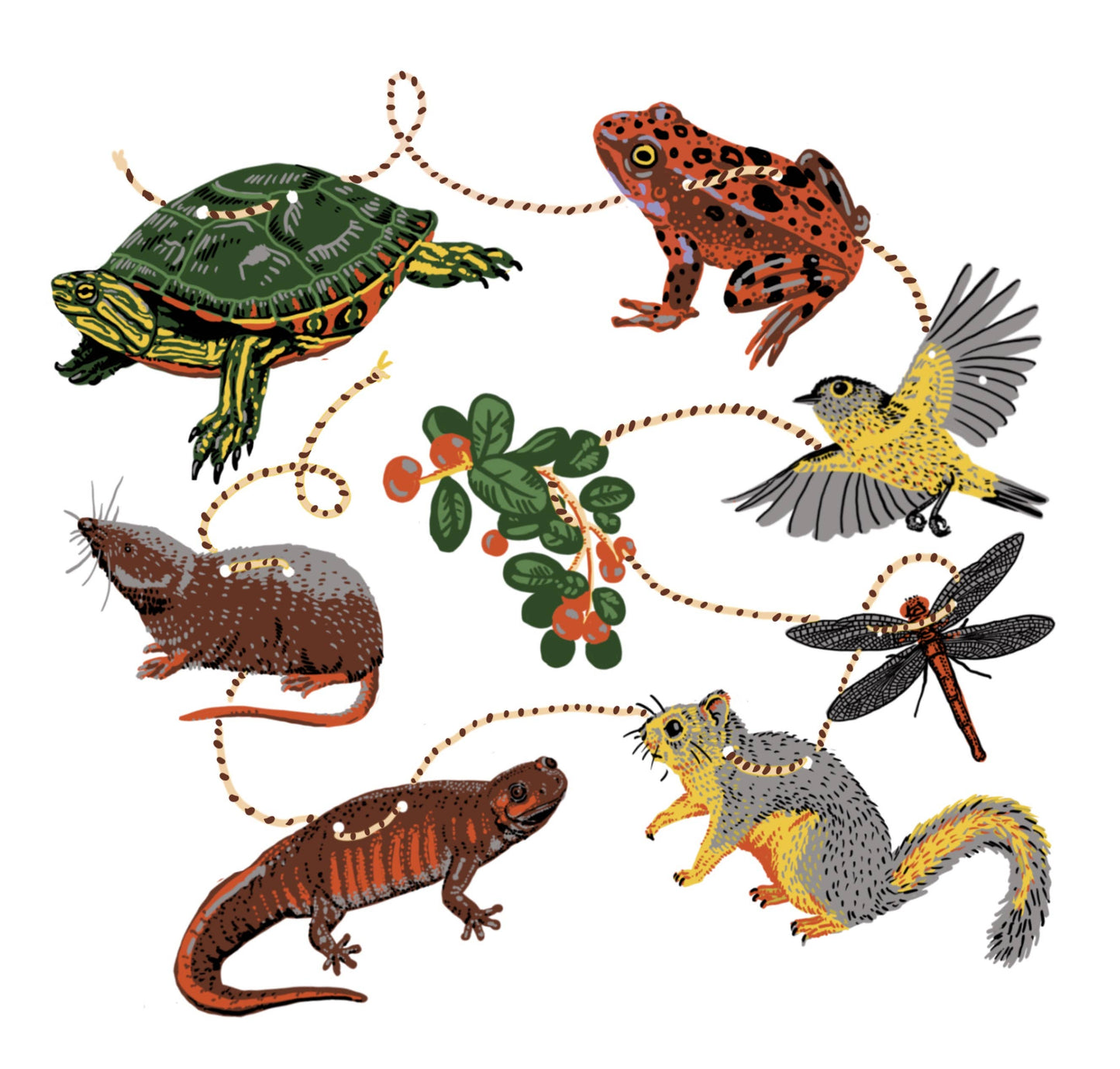Hissing Mink Pacific Northwest wetland paper garland featuring woodland wetland species inspired by mossy forest ecosystems and cozy nature decor