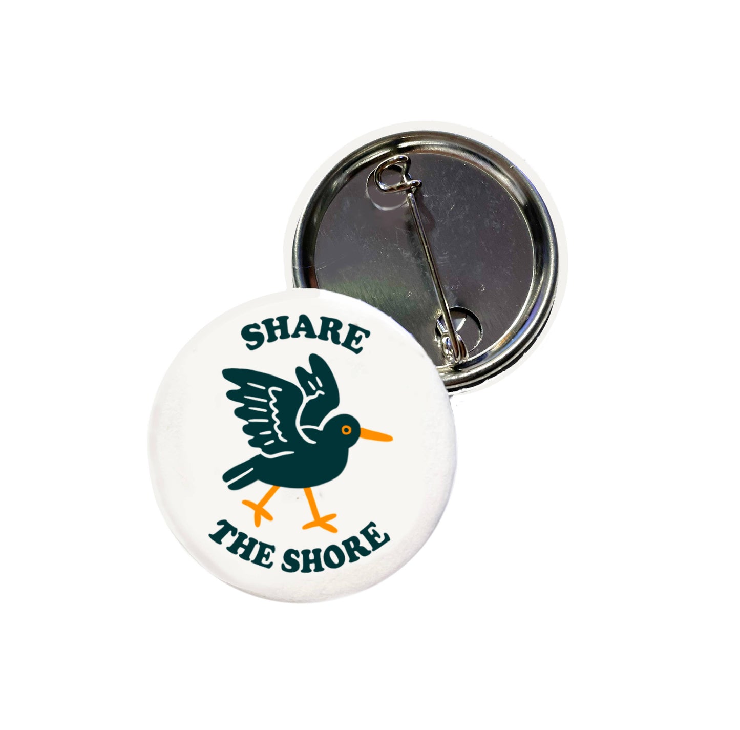 Hissing Mink Share the Shore button featuring a black oystercatcher shorebird inspired by Pacific Northwest coastal wildlife