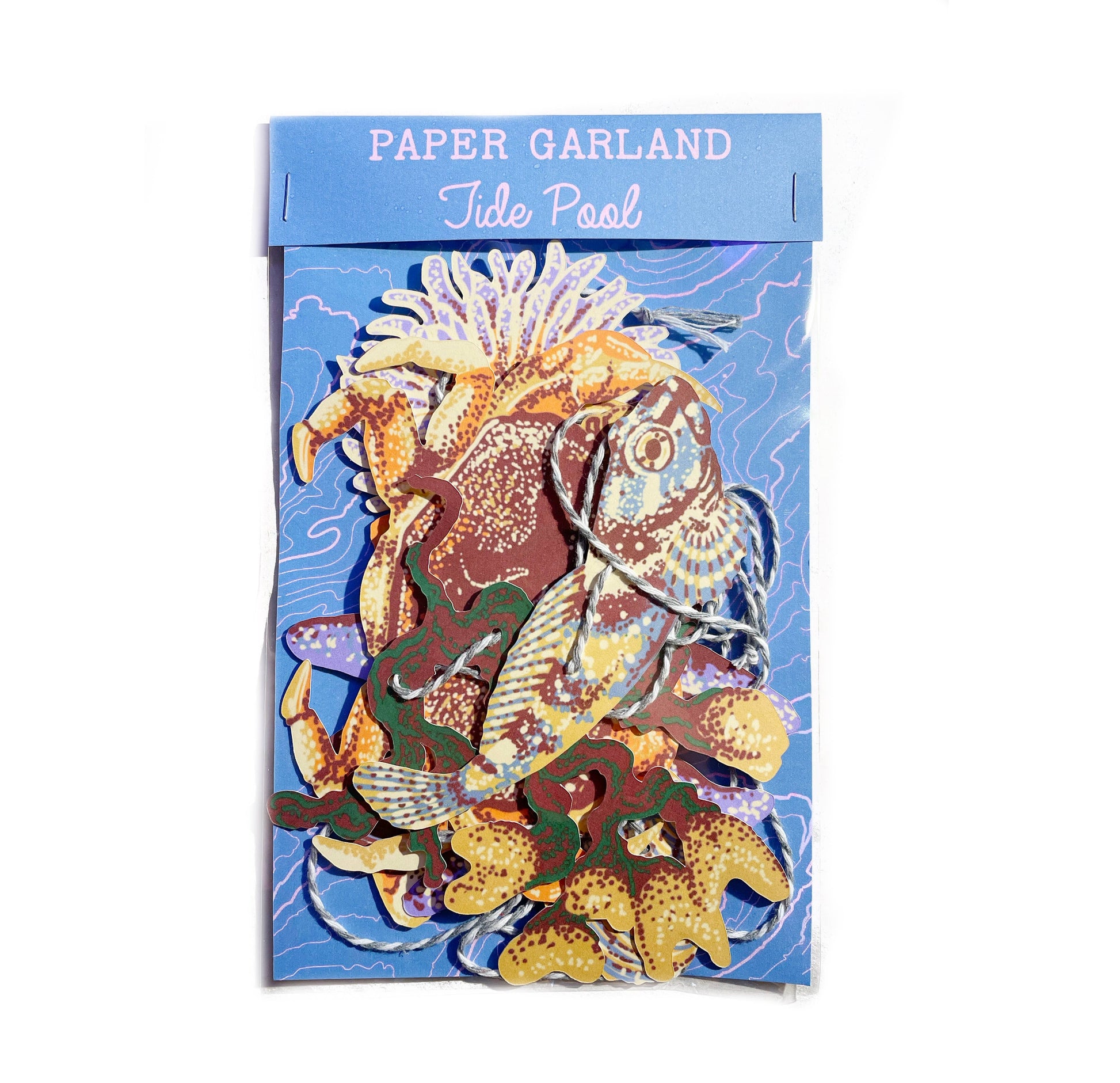 Hissing Mink tide pool paper garland featuring crabs, kelp, sea stars, and anemones inspired by Pacific Northwest coastal marine life