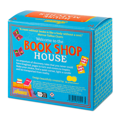 Bookshop matchbox, house-shaped safety matches, The Printed Peanut illustration, bookstore matchbox design, book lover gifts, bibliophile accessories, Archivist House Match collection, whimsical illustrated matchbox, UK-made safety matches, reading nook décor, collectible matchbox art, Rogue & Rye curated gifts, colorful bookshop artwork, artisan matchboxes.