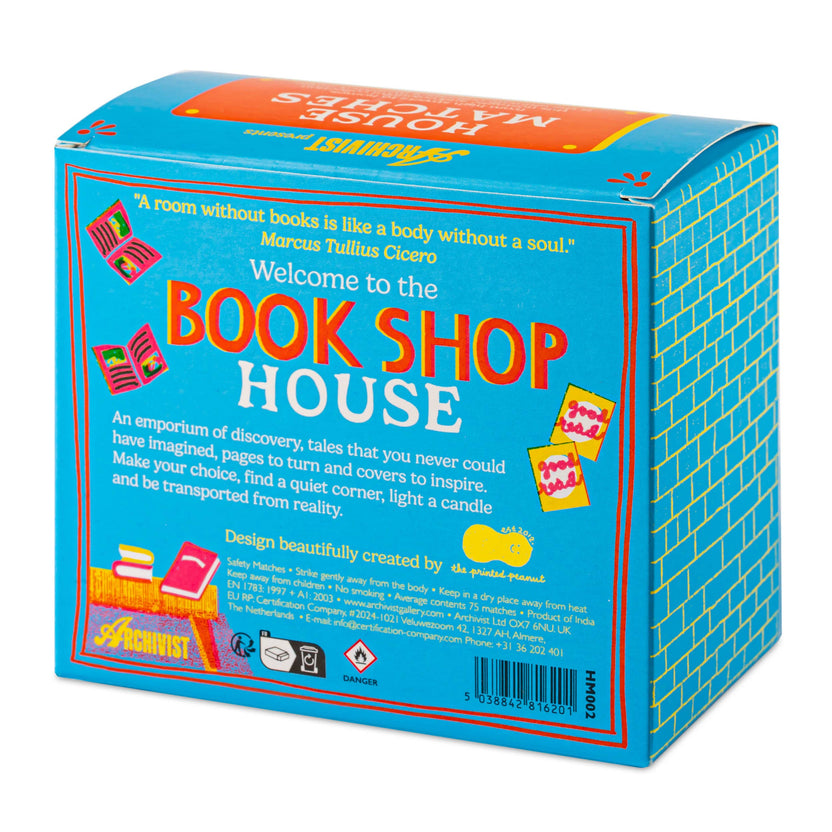 Bookshop matchbox, house-shaped safety matches, The Printed Peanut illustration, bookstore matchbox design, book lover gifts, bibliophile accessories, Archivist House Match collection, whimsical illustrated matchbox, UK-made safety matches, reading nook décor, collectible matchbox art, Rogue & Rye curated gifts, colorful bookshop artwork, artisan matchboxes.