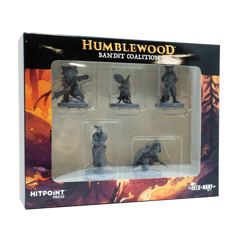 Humblewood Bandit minis, Hit Point Press miniatures, playable race DnD minis, Jerbeen Vulpin Cervan Corvum Mapach, tabletop RPG miniatures, Humblewood characters, DnD animal folk minis, Bandit Coalition figures, fantasy animal minis, roleplaying game accessories, Humblewood NPC minis, RPG character minis set