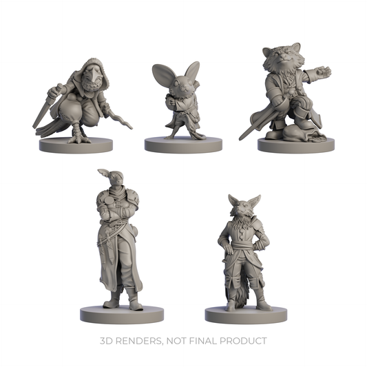 Humblewood Bandit minis, Hit Point Press miniatures, playable race DnD minis, Jerbeen Vulpin Cervan Corvum Mapach, tabletop RPG miniatures, Humblewood characters, DnD animal folk minis, Bandit Coalition figures, fantasy animal minis, roleplaying game accessories, Humblewood NPC minis, RPG character minis set