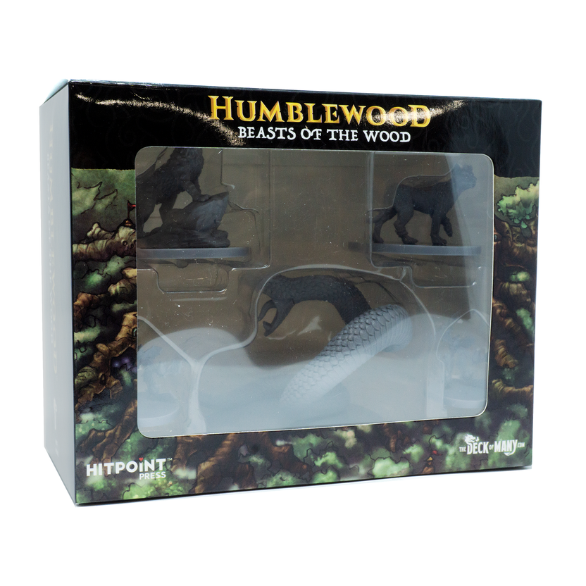 Humblewood minis beasts, Hit Point Press miniatures, DnD beast minis, tabletop RPG forest creatures, Ember Bat swarm minis, Ash Snake miniature, Mountain Lion DnD mini, Forest Prowler figure, fantasy animal miniatures, Humblewood creature set, woodland encounter minis, large base miniatures for RPG, huge base Ash Snake, animal-themed RPG minis