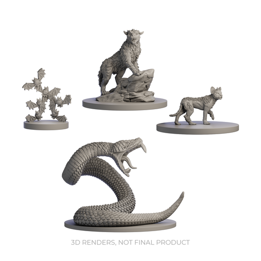 Humblewood minis beasts, Hit Point Press miniatures, DnD beast minis, tabletop RPG forest creatures, Ember Bat swarm minis, Ash Snake miniature, Mountain Lion DnD mini, Forest Prowler figure, fantasy animal miniatures, Humblewood creature set, woodland encounter minis, large base miniatures for RPG, huge base Ash Snake, animal-themed RPG minis