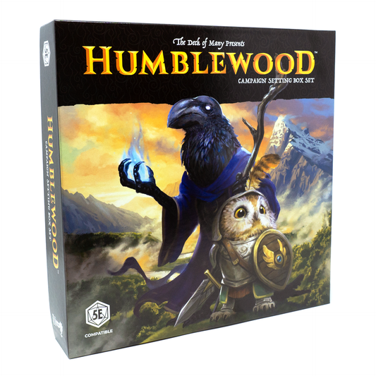 Humblewood box set, Hit Point Press Humblewood, 5e campaign setting, Humblewood RPG book, Everden setting DnD, birdfolk player race, humblefolk DnD races, Alderheart city setting, 5e adventure level 1–5, new DnD monsters and items, forest-themed fantasy setting, tabletop RPG starter box, Great Rhythm Humblewood, DnD forest fire campaign