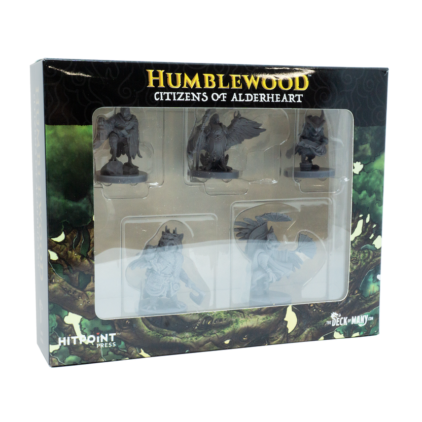 Humblewood Citizens of Alderheart minis, Hit Point Press miniatures, 5e Humblewood playable races, Luma cleric mini, Raptor explorer miniature, Strig ranger figure, Gallus monk mini, Hedge bard miniature, DnD forest setting minis, Alderheart city characters, NPC miniatures for 5e, tabletop fantasy minis, Humblewood character figures