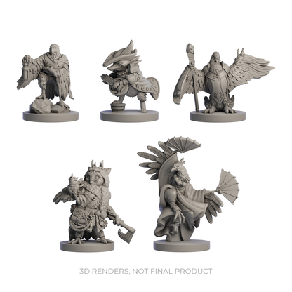 Humblewood Citizens of Alderheart minis, Hit Point Press miniatures, 5e Humblewood playable races, Luma cleric mini, Raptor explorer miniature, Strig ranger figure, Gallus monk mini, Hedge bard miniature, DnD forest setting minis, Alderheart city characters, NPC miniatures for 5e, tabletop fantasy minis, Humblewood character figures