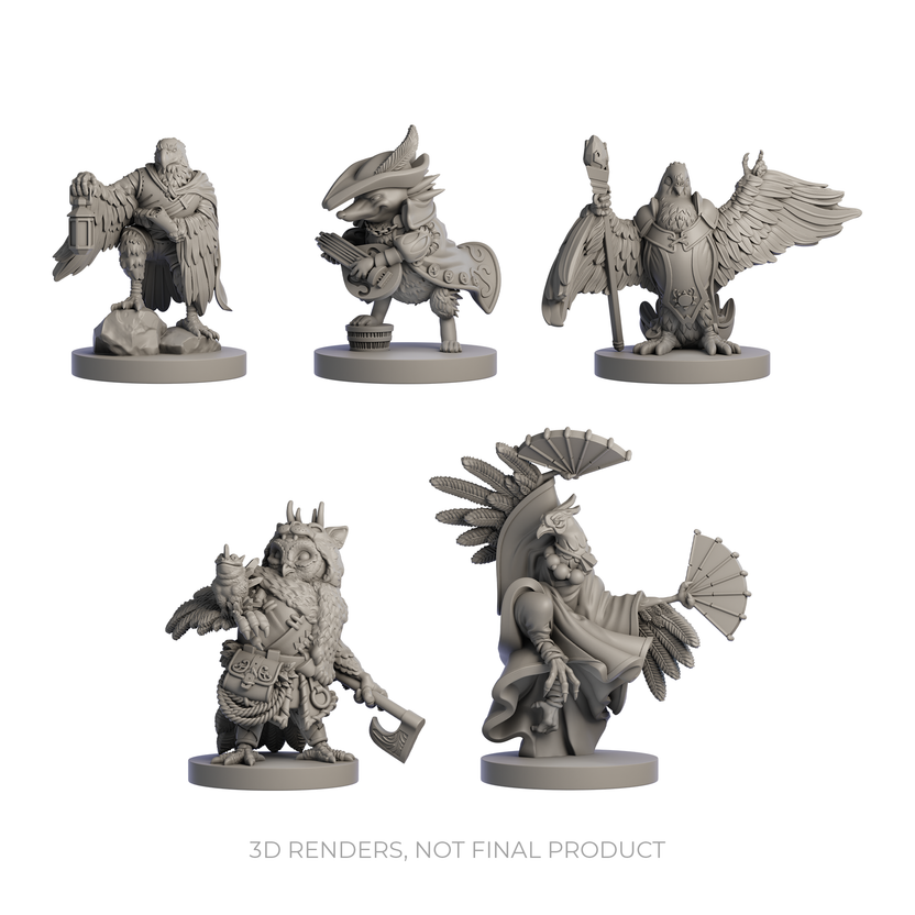 Humblewood Citizens of Alderheart minis, Hit Point Press miniatures, 5e Humblewood playable races, Luma cleric mini, Raptor explorer miniature, Strig ranger figure, Gallus monk mini, Hedge bard miniature, DnD forest setting minis, Alderheart city characters, NPC miniatures for 5e, tabletop fantasy minis, Humblewood character figures