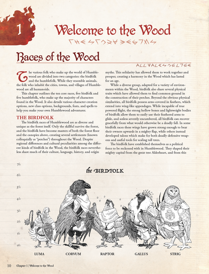 Humblewood campaign setting book, Humblewood hardcover 5e, Hit Point Press Humblewood book, 5e campaign world Everden, Great Tree City Alderheart, birdfolk and humblefolk DnD, new DnD playable races, DnD forest fire adventure, 5e adventures level 1 to 5, Humblewood RPG sourcebook