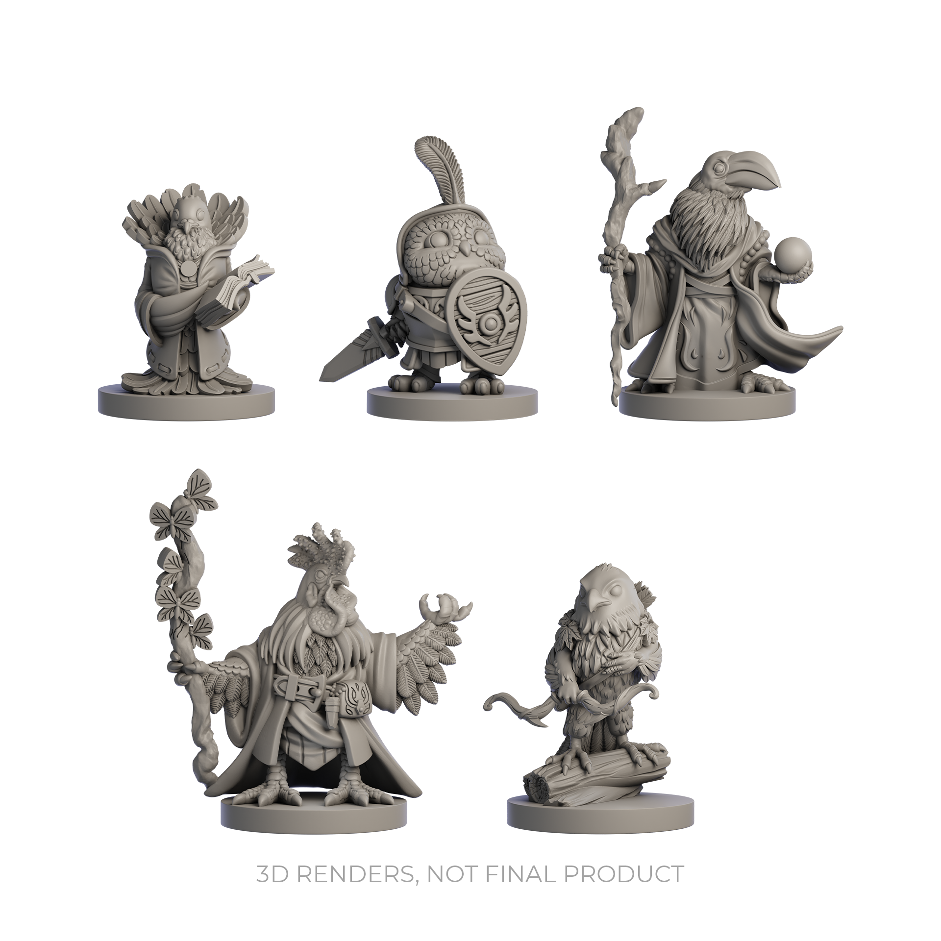 Humblewood minis, Heroes of Humblewood miniatures, Hit Point Press Humblewood, Strig Knight mini, Corvum Necromancer mini, Gallus Druid mini, Luma Wizard mini, Raptor Ranger mini, animal folk DnD minis, 5e compatible miniatures, fantasy RPG minis, playable race minis for Humblewood, Dungeons and Dragons NPC figures, tabletop gaming miniatures