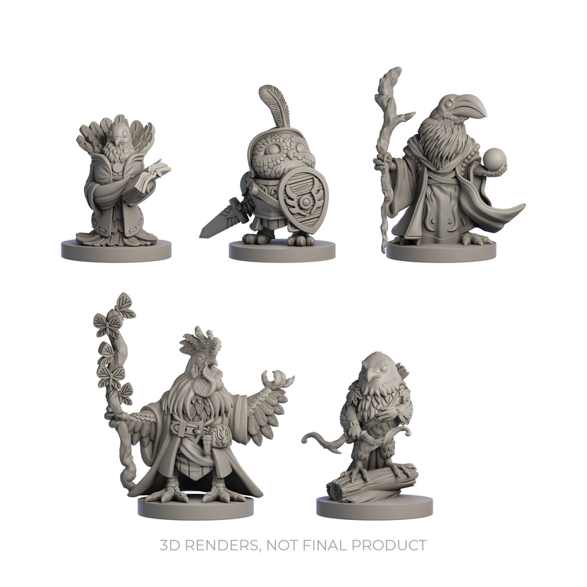 Humblewood minis, Heroes of Humblewood miniatures, Hit Point Press Humblewood, Strig Knight mini, Corvum Necromancer mini, Gallus Druid mini, Luma Wizard mini, Raptor Ranger mini, animal folk DnD minis, 5e compatible miniatures, fantasy RPG minis, playable race minis for Humblewood, Dungeons and Dragons NPC figures, tabletop gaming miniatures