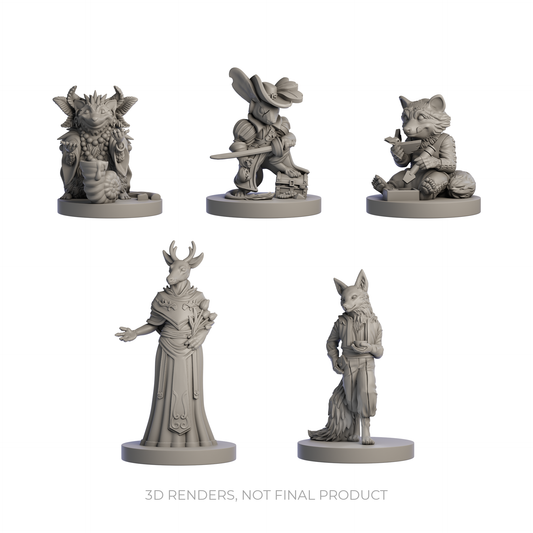 Humblewood Humblefolk minis, Hit Point Press miniatures, animal folk DnD minis, Vulpin Jerbeen Mapach Cervan, fantasy tabletop miniatures, RPG character minis, Humblewood playable races, DnD swashbuckler and tinkerer minis, Hedge Witch miniature, roleplaying miniatures set, Humblewood NPC minis, 5e compatible miniatures