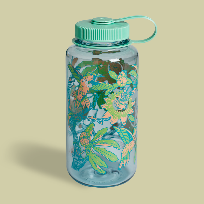 Mustard Beetle Nalgene bottle, Mustard Beetle Hummingbirds water bottle, hummingbird illustration Nalgene, passionflower water bottle design, limited edition 32oz Nalgene, recycled plastic Nalgene bottle, eco-friendly wide mouth bottle, BPA free Nalgene USA made, artist illustrated Nalgene water bottle, Elizabeth Jean Younce artwork, nature inspired hydration bottle, botanical illustration water bottle, functional art bottle, collectible artist Nalgene, wide mouth 32oz bottle, outdoor adventure water bottle
