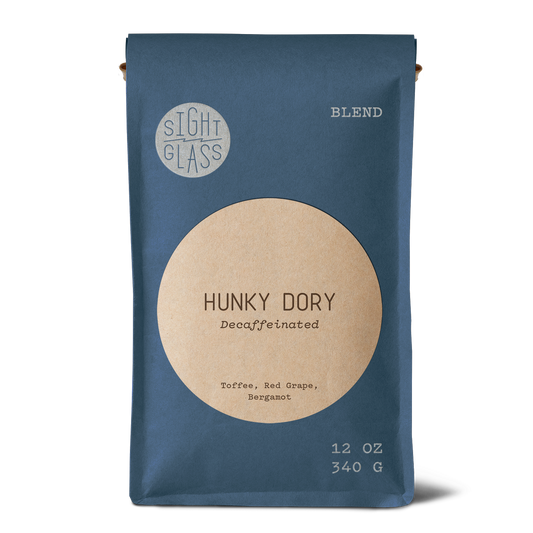 Hunky Dory Organic Decaf coffee by Sightglass Coffee featuring toffee sweetness, red grape, and bergamot floral tasting notes