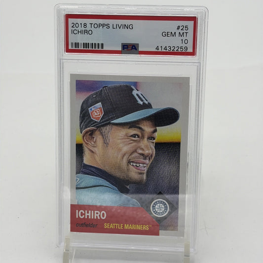 2018 Topps Living Set Ichiro Suzuki #25 PSA 10 2018 Topps Living Set Ichiro Suzuki number 25 trading card graded PSA 10 featuring the Seattle Mariners baseball legend
