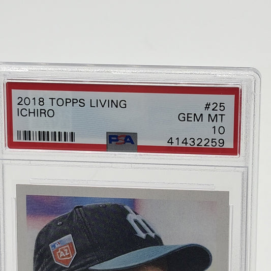2018 Topps Living Set Ichiro Suzuki #25 PSA 10 2018 Topps Living Set Ichiro Suzuki number 25 trading card graded PSA 10 featuring the Seattle Mariners baseball legend
