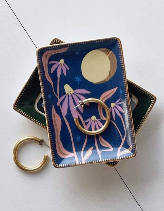 fleur trinket dish, floral ring dish, porcelain jewelry dish, ceramic trinket dish, gold rim dish, Idlewild Co trinket dish, hand-painted porcelain, floral home decor, jewelry catchall, small gift idea, engagement gift, wedding gift, stocking stuffer