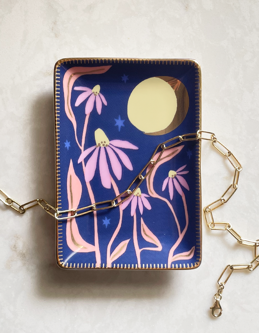 fleur trinket dish, floral ring dish, porcelain jewelry dish, ceramic trinket dish, gold rim dish, Idlewild Co trinket dish, hand-painted porcelain, floral home decor, jewelry catchall, small gift idea, engagement gift, wedding gift, stocking stuffer