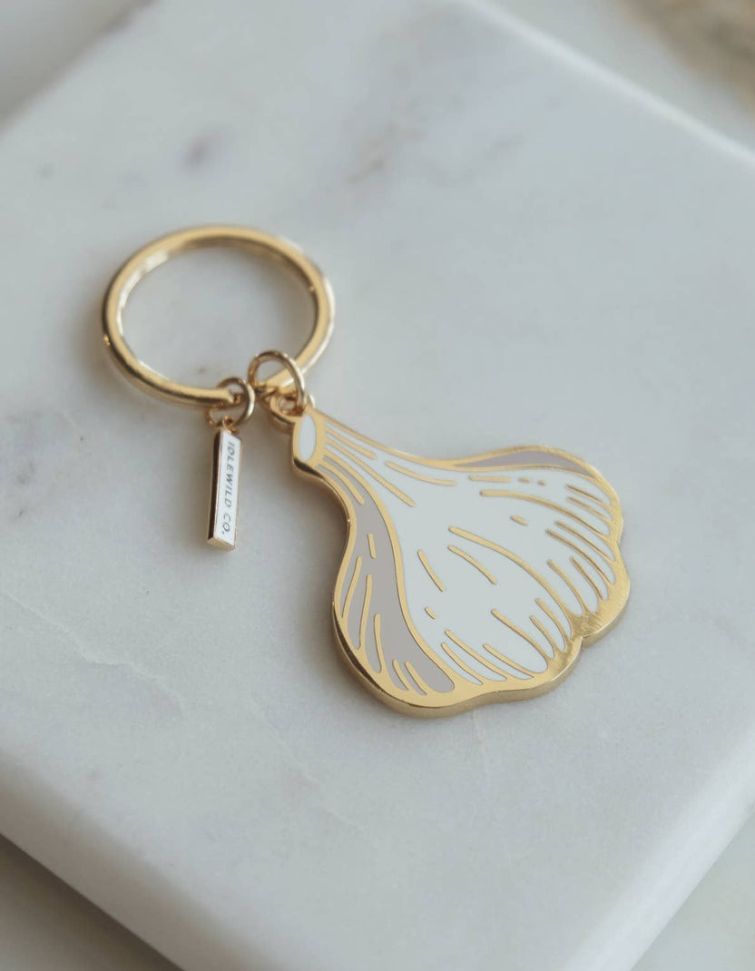 garlic enamel keychain, brass keychain, foodie keychain, enamel key ring, Idlewild Co keychain, food-themed accessory, good luck gift, hostess gift, housewarming gift, chef gift, colorful keychain