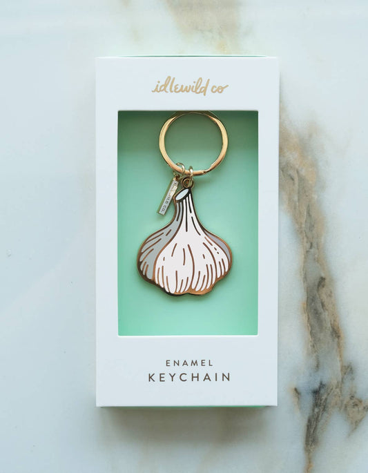 garlic enamel keychain, brass keychain, foodie keychain, enamel key ring, Idlewild Co keychain, food-themed accessory, good luck gift, hostess gift, housewarming gift, chef gift, colorful keychain