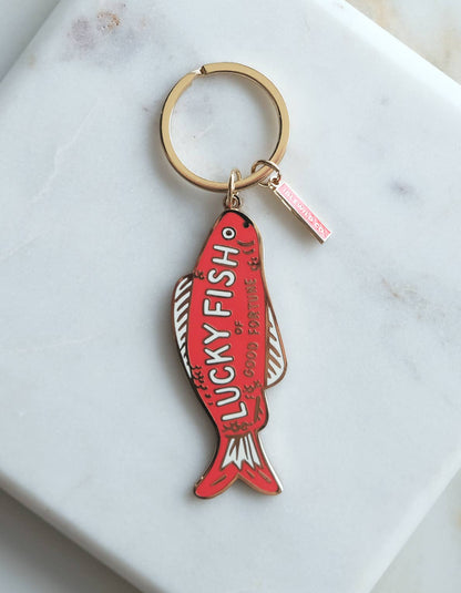 good fortune fish keychain, lucky fish keychain, brass enamel keychain, Idlewild Co keychain, good luck gift, colorful key ring, fish charm accessory, housewarming gift, hostess gift, small lucky charm