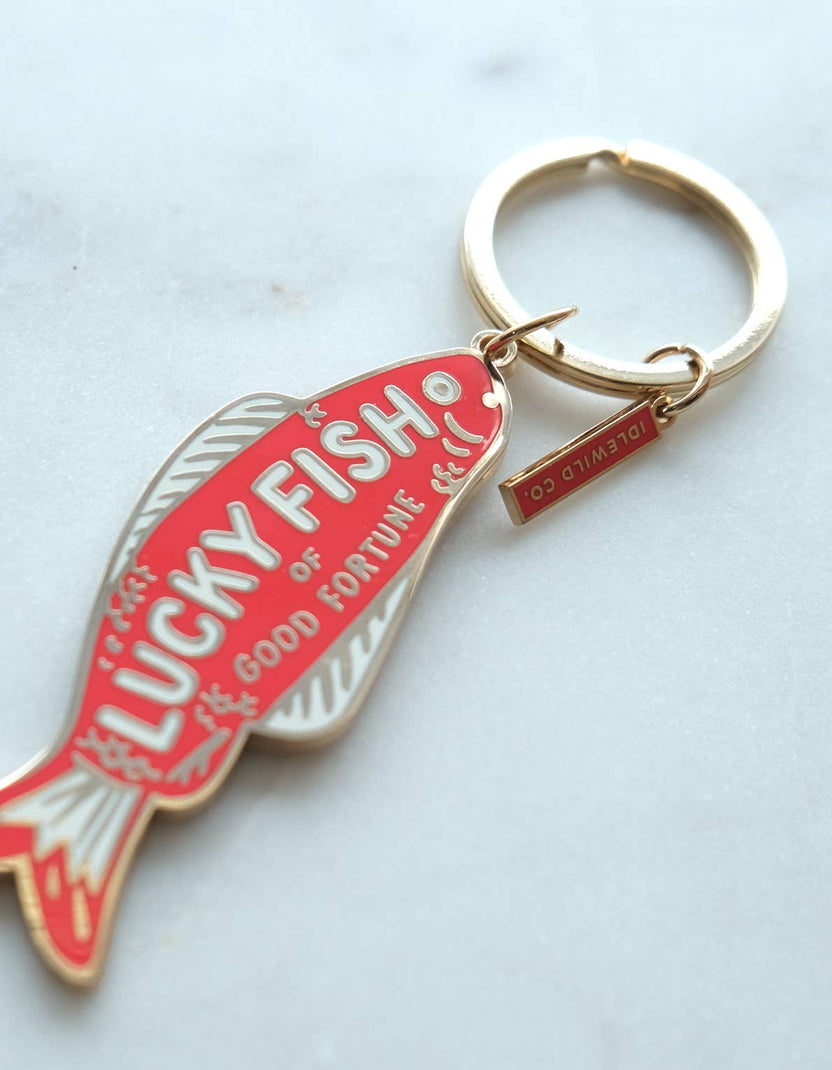 good fortune fish keychain, lucky fish keychain, brass enamel keychain, Idlewild Co keychain, good luck gift, colorful key ring, fish charm accessory, housewarming gift, hostess gift, small lucky charm