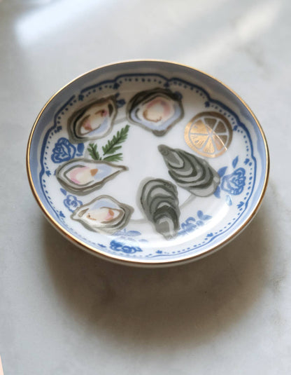 oyster trinket dish, porcelain ring dish, ceramic jewelry dish, gold rim trinket dish, Idlewild Co dish, hand-painted porcelain, oyster decor, jewelry catchall, seaside home decor, small gift idea, stocking stuffer gift, engagement gift, ceramic dish, illustrated trinket dish