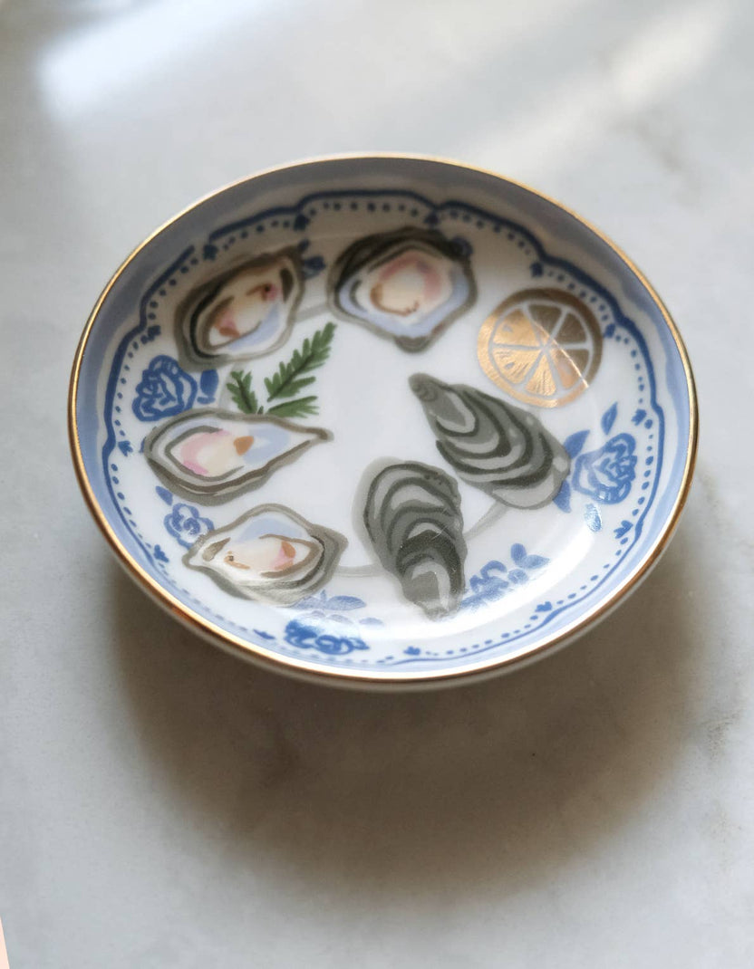 oyster trinket dish, porcelain ring dish, ceramic jewelry dish, gold rim trinket dish, Idlewild Co dish, hand-painted porcelain, oyster decor, jewelry catchall, seaside home decor, small gift idea, stocking stuffer gift, engagement gift, ceramic dish, illustrated trinket dish