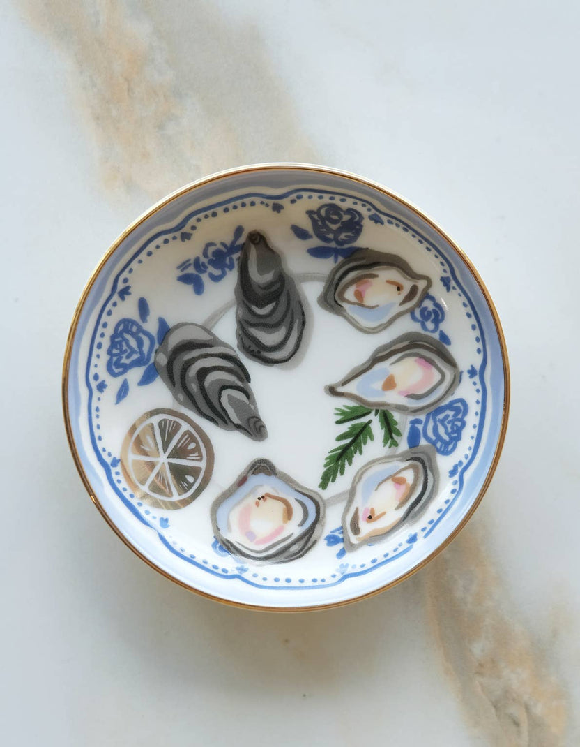 oyster trinket dish, porcelain ring dish, ceramic jewelry dish, gold rim trinket dish, Idlewild Co dish, hand-painted porcelain, oyster decor, jewelry catchall, seaside home decor, small gift idea, stocking stuffer gift, engagement gift, ceramic dish, illustrated trinket dish
