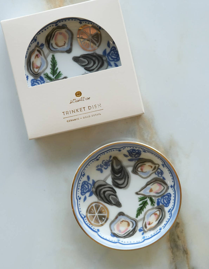 oyster trinket dish, porcelain ring dish, ceramic jewelry dish, gold rim trinket dish, Idlewild Co dish, hand-painted porcelain, oyster decor, jewelry catchall, seaside home decor, small gift idea, stocking stuffer gift, engagement gift, ceramic dish, illustrated trinket dish