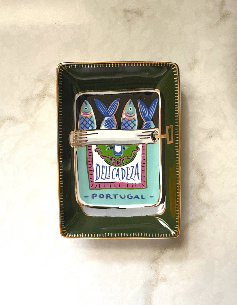 sardines trinket dish, fish ring dish, porcelain jewelry dish, ceramic trinket dish, gold rim dish, Idlewild Co dish, hand-painted ceramic, foodie gift idea, food-themed decor, travel-inspired gift, seaside decor, small gift idea, stocking stuffer