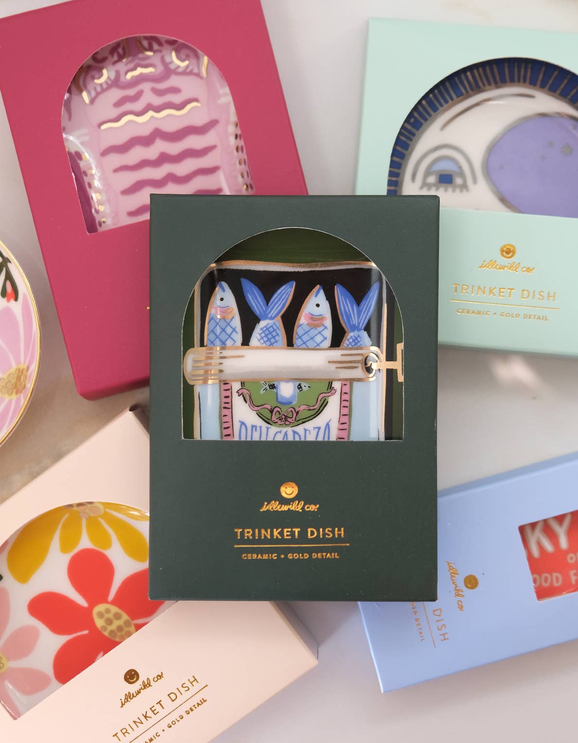 sardines trinket dish, fish ring dish, porcelain jewelry dish, ceramic trinket dish, gold rim dish, Idlewild Co dish, hand-painted ceramic, foodie gift idea, food-themed decor, travel-inspired gift, seaside decor, small gift idea, stocking stuffer