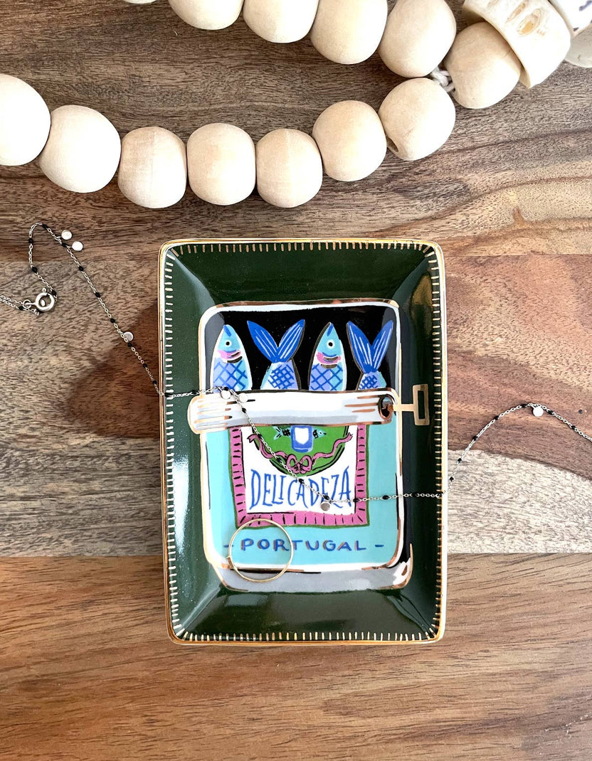 sardines trinket dish, fish ring dish, porcelain jewelry dish, ceramic trinket dish, gold rim dish, Idlewild Co dish, hand-painted ceramic, foodie gift idea, food-themed decor, travel-inspired gift, seaside decor, small gift idea, stocking stuffer