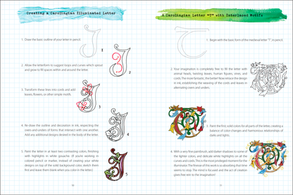 illuminated letters book, medieval art workbook, calligraphy and illumination guide, fantasy art sketchbook, illuminated lettering tutorial, Celtic knotwork drawing, illuminated alphabet practice, Jane Sullivan art book, medieval calligraphy for beginners, illuminated letter journal, how to draw illuminated letters, fantasy calligraphy book
