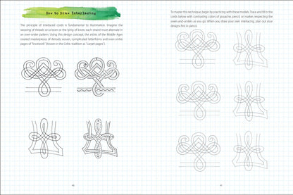 illuminated letters book, medieval art workbook, calligraphy and illumination guide, fantasy art sketchbook, illuminated lettering tutorial, Celtic knotwork drawing, illuminated alphabet practice, Jane Sullivan art book, medieval calligraphy for beginners, illuminated letter journal, how to draw illuminated letters, fantasy calligraphy book