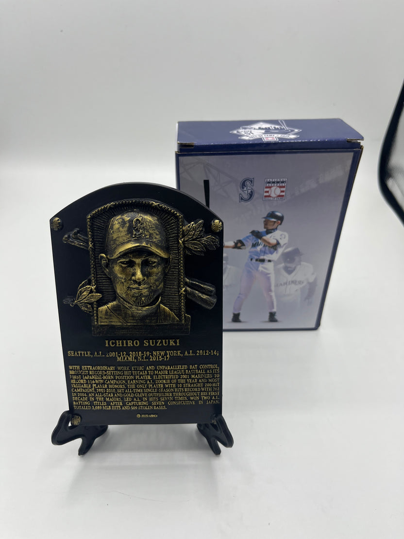 Ichiro Suzuki Hall of Fame 2025 replica plaque with a classic bronze-look finish, produced by BDA Sports for Seattle Mariners fans and collectors.