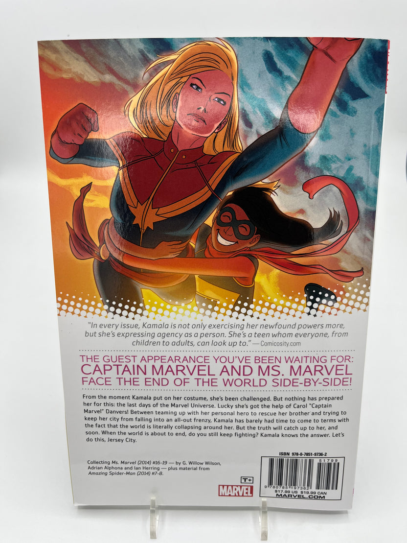 Back cover of Ms. Marvel: Last Days featuring artwork of Ms. Marvel and Captain Marvel alongside the graphic novel synopsis and publishing information.