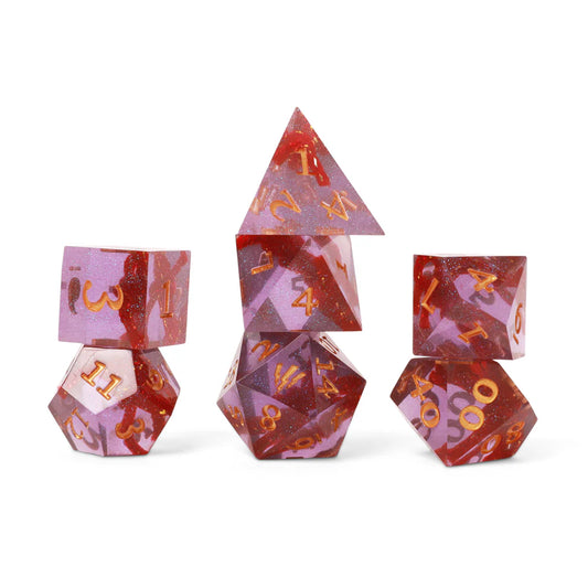 Imogen Temult dice, Critical Role dice set, Bells Hells dice, Imogen Temult DnD dice, purple glitter dice, sharp edge polyhedral dice, DnD character dice, Critical Role Imogen, lightning bolt d20, resin RPG dice, Leia Rondeau dice design, Critical Role campaign 3 dice, Imogen Temult character merch, Bells Hells character dice, high quality resin dice