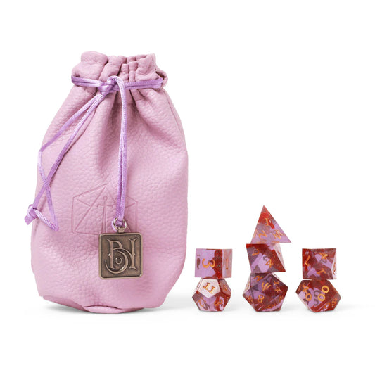 Imogen Temult dice, Critical Role dice set, Bells Hells dice, Imogen Temult DnD dice, purple glitter dice, sharp edge polyhedral dice, DnD character dice, Critical Role Imogen, lightning bolt d20, resin RPG dice, Leia Rondeau dice design, Critical Role campaign 3 dice, Imogen Temult character merch, Bells Hells character dice, high quality resin dice