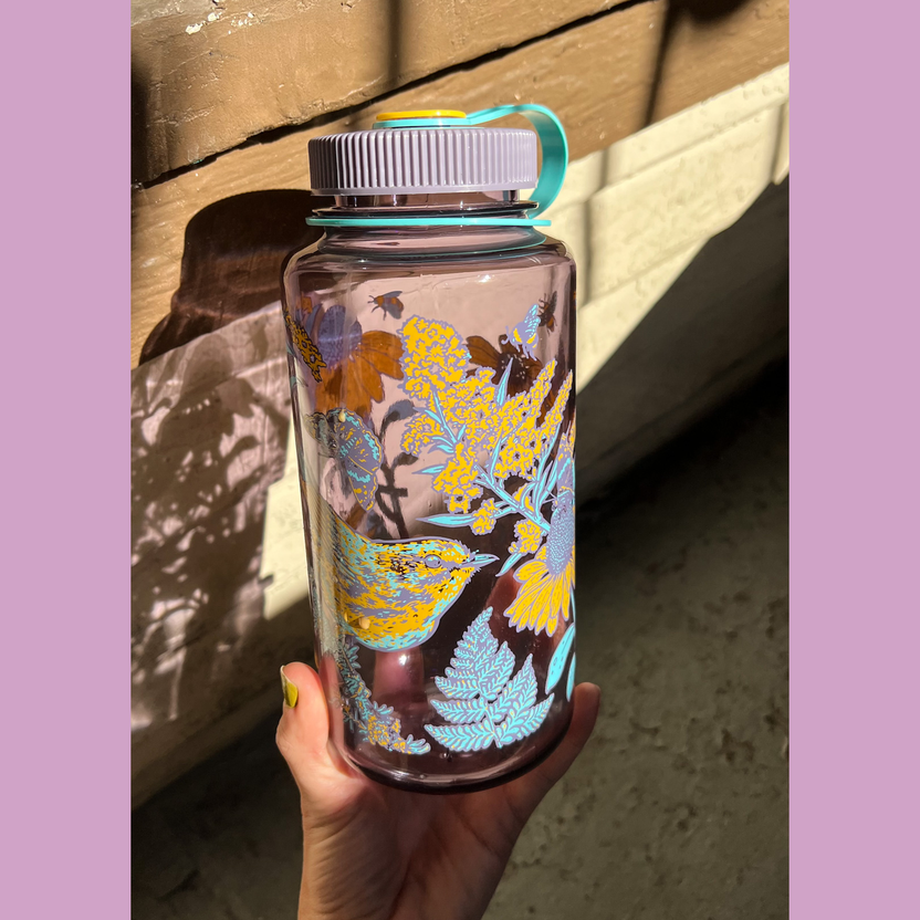 Mustard Beetle Prairie Nalgene, prairie illustration water bottle, prairie ecosystem art bottle, limited edition 32oz wide mouth Nalgene, recycled plastic Nalgene bottle, eco-friendly water bottle USA made, BPA free reusable bottle, artist illustrated Nalgene, Elizabeth Jean Younce artwork, nature inspired hydration bottle, prairie wildlife artwork, functional art Nalgene, collectible artist water bottle, Rogue & Rye nature goods, eco conscious bottle gift, outdoor adventure Nalgene, screenprinted artist bo