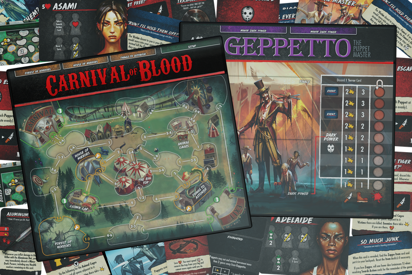 final girl carnage at the carnival, final girl expansion, final girl feature film, horror board game expansion, solo horror board game, spooky board game, van ryder games, final girl carnival, final girl geppetto puppet master, cinematic horror game, campy horror board game, modular board game expansion, spooky game night, halloween board game, solo tabletop game
