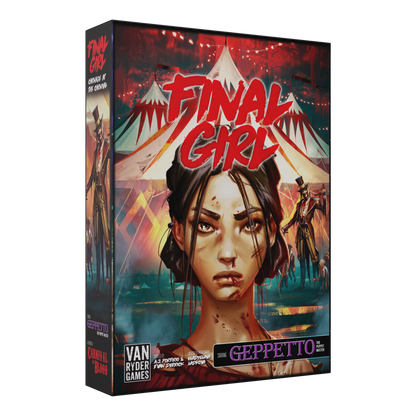 final girl carnage at the carnival, final girl expansion, final girl feature film, horror board game expansion, solo horror board game, spooky board game, van ryder games, final girl carnival, final girl geppetto puppet master, cinematic horror game, campy horror board game, modular board game expansion, spooky game night, halloween board game, solo tabletop game