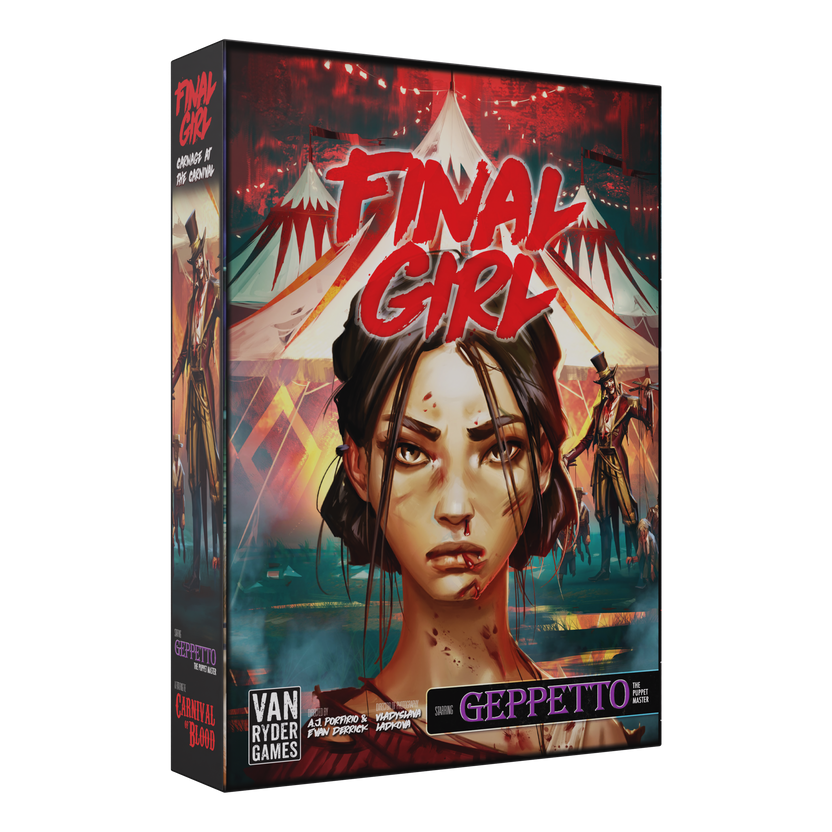 final girl carnage at the carnival, final girl expansion, final girl feature film, horror board game expansion, solo horror board game, spooky board game, van ryder games, final girl carnival, final girl geppetto puppet master, cinematic horror game, campy horror board game, modular board game expansion, spooky game night, halloween board game, solo tabletop game